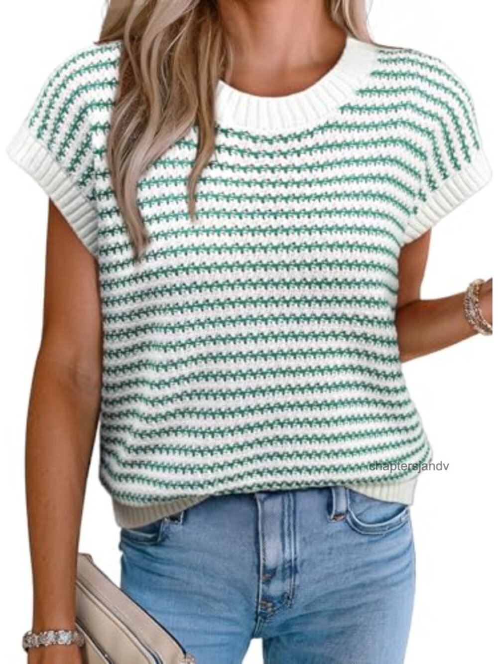 Women's Striped Cap Sleeve Sweater Vest Round Neck Tank Top